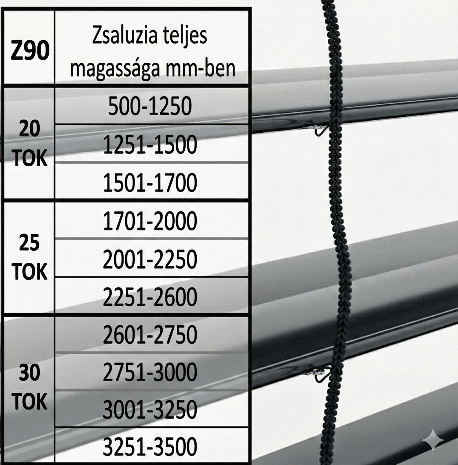 Z90 zsaluzia csomagmagassag tablazat opt